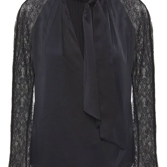 Jonathan Simkhai Satin Tie Neck Chantilly Lace Sleeve Wrap Black Blouse XS - Picture 2 of 12
